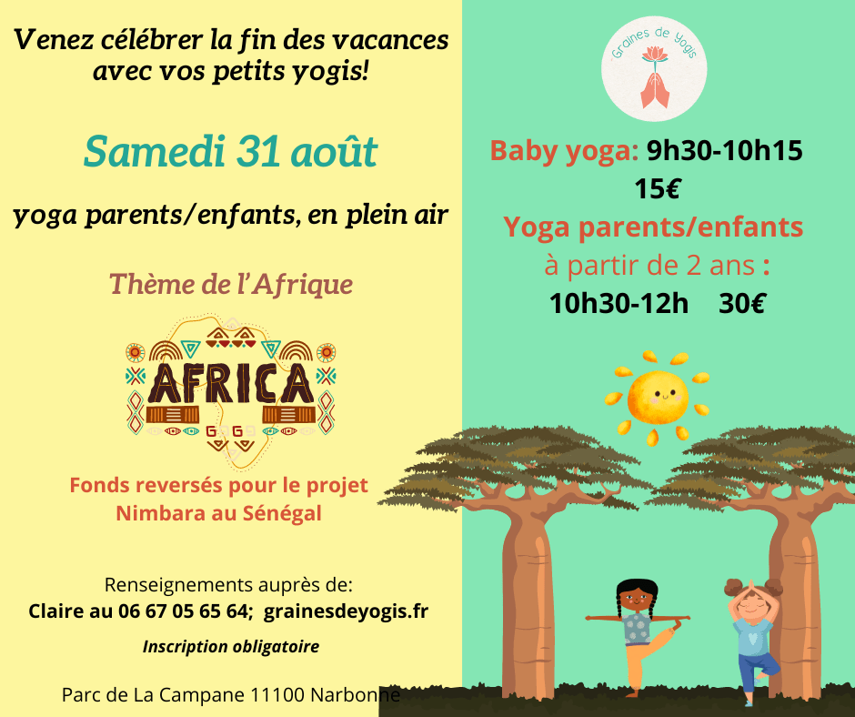 Ateliers Yoga parents/enfants. Samedi 31 août. Thème de l'Afrique